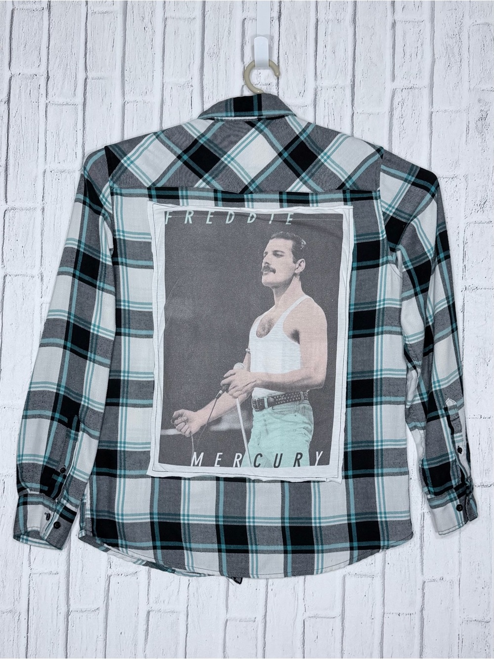 🎤 Custom Upcycled Freddie Mercury Queen Plaid Flannel Shirt Large